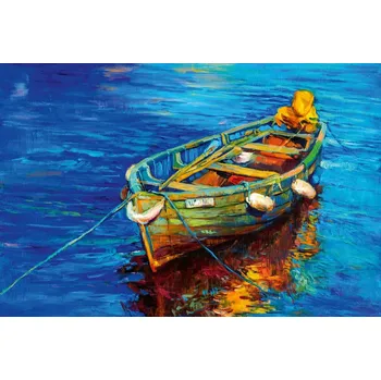 Fototapeta DIMEX | Vliesová fototapeta Malba - Loďka na moři MS-5-2036 | 375 x 250 cm| zelená, modrá, oranžová + Vliesová fototapeta na stěnu DIMEX Malba - Loďka na moři MS52036 v rozměru 375 x 250 cm + lepidlo zdarma