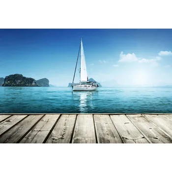 Fototapeta DIMEX | Vliesová fototapeta Jachta u dřevěného mola MS-5-2765 | 375 x 250 cm | modrá, bílá, šedá + Vliesová fototapeta na stěnu DIMEX Jachta u dřevěného mola MS52765 v rozměru 375 x 250 cm + lepidlo zdarma