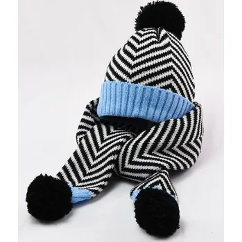 Čepice Zimní pletená čepice se šálou s bambulkami - proužky Barvy: Modrá
