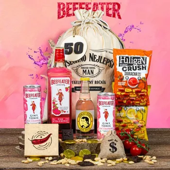 Dárkový potravinový koš Dárkový koš v pytli pro muže, chlapa Gin Beefeater Pink originální dárek pro muže k narozeninám, vánocům, valentýnu Všechno nejlepší