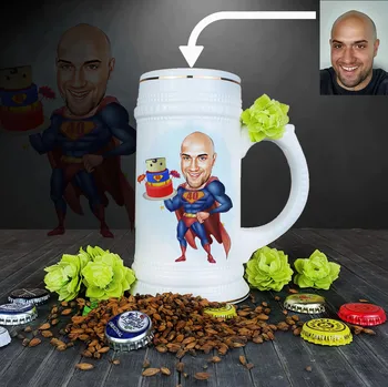 Dárkový potravinový koš Persi - Vtipný dárek pro tátu k narozeninám, vánocům | Pivní půllitr s potiskem karikatura