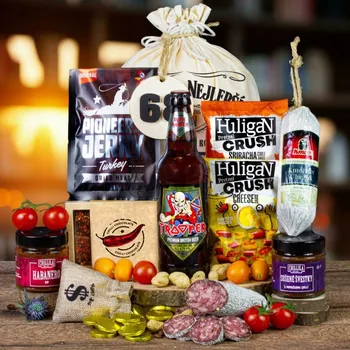 Dárkový potravinový koš Dárkový koš v pytli pro muže, chlapa, gurmána, mlsouna originální dárek pro muže k narozeninám, vánocům, valentýnu Všechno nejlepší