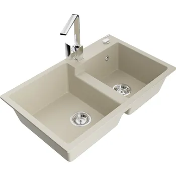 Granitový dřez Mexen Tomas 2miskový granitový dřez s kuchyňskou baterií Rita, béžová - 6516-69-670300-00