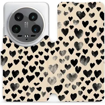 Pouzdro na mobilní telefon Flipové pouzdro Mobiwear - Xiaomi 14 Ultra 5G - VA51S Černá srdíčka (Knížkové flip pouzdro, obal, kryt na mobil Xiaomi 14 Ultra 5G - VA51S Černá srdíčka, materiál Umělá kůže + TPU - ochrana 360°, stojánek, silikonová vanička, magnetické zavírání)