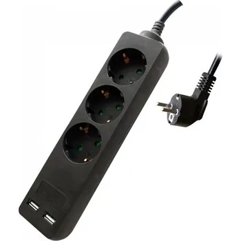 Napájecí kabel Prodlužovací kabel, 3 zásuvky + 2xUSB, 1,5m, 16A, 3G1.5mm2, černý