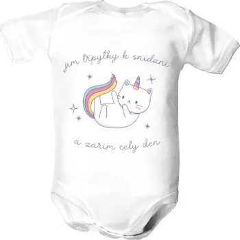 Kojenecký body Dětské body s potiskem Jím třpytky k snídani a zářím celý den - jednorožec - kočka dětské
