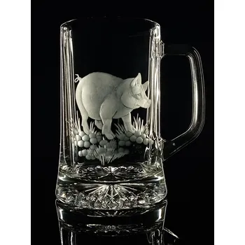 Sklenice půllitr s prasátkem - ručně ryté (broušené) dárek pro zemědělce