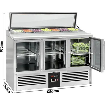 Lednice G.Gastro Saladette PREMIUM - 1365mm - pro 7x GN 1/3 - skleněný kryt - 3 skleněné dveře