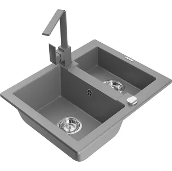 Granitový dřez Mexen Carlos 1,5miskový granitový dřez s kuchyňskou baterií Rita, šedá - 6518-71-670300-71
