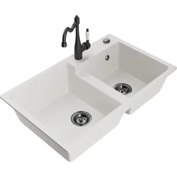 Granitový dřez Mexen Tomas 2miskový granitový dřez s kuchyňskou baterií Carla, bílá - 6516-20-670700-70