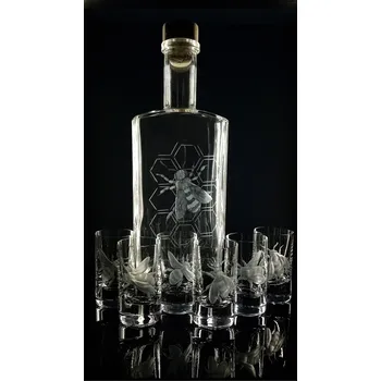 Stolování Lahev 0,5l a 6ks sklenek na medovinu s rytinou včely - ručně ryté (broušené), dárková krabička