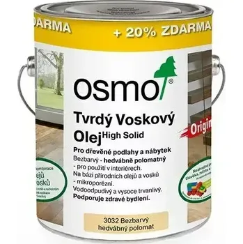 barva a nátěr na dřevo OSMO Tvrdý vosk. olej polomat 3l 3032 20% ZDARMA