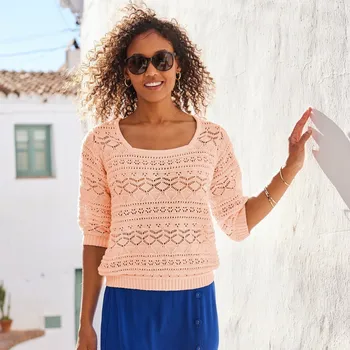 Dámský svetr Ažurový jednobarevný pulovr s rukávy k loktům růžová pudrová 52