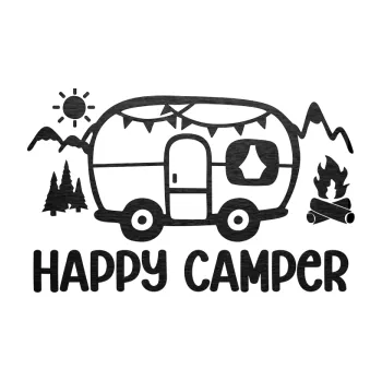Samolepící dekorace SAMOLEPKA Happy camper 002 pravá kempování s karavanem (63 - škrábaný kov černý) NA AUTO, NÁLEPKA, FÓLIE, POLEP, TUNING, VLASTNÍ TEXT, TISK, AUTOSAMOLEPKY.cz, POLEPY, OBRÁZEK, LOGO, SAMOLEPKY
