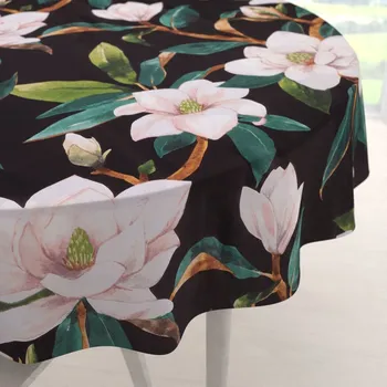 ubrus Bavlněný kulatý ubrus Sandra SA-300 Květy magnolie na černém Ø 100 cm