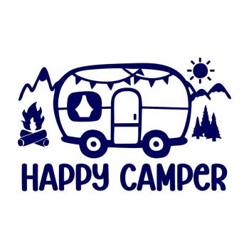 Samolepící dekorace SAMOLEPKA Happy camper 002 levá kempování s karavanem (23 - tmavě modrá) NA AUTO, NÁLEPKA, FÓLIE, POLEP, TUNING, VLASTNÍ TEXT, TISK, AUTOSAMOLEPKY.cz, POLEPY, OBRÁZEK, LOGO, SAMOLEPKY