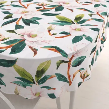 ubrus Bavlněný oválný ubrus Sandra SA-293 Magnolie se zelenými listy na bílém 100x140 cm