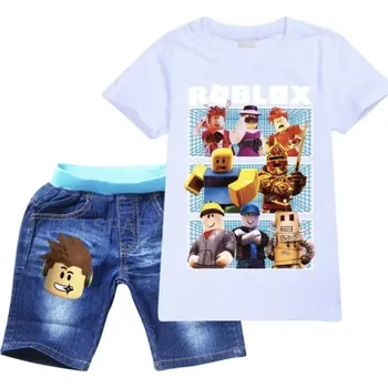 Letní set ROBLOX tričko krátký rukáv + džínové kraťasy (mix barev) Barva: Bílá, Velikost: 170