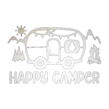 Samolepící dekorace Happy camper 002 pravá kempování s karavanem (82 - odrazková reflexní bílá) SAMOLEPKA NA AUTO, NÁLEPKA, FÓLIE, POLEP, TUNING, VLASTNÍ TEXT, TISK, AUTOSAMOLEPKY.cz, POLEPY, OBRÁZEK, LOGO, 3D STICKERS