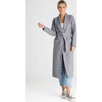 Dámský kabát Šedý dlouhý kabát s páskem M991 grey Velikost: S