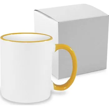 Bílý hrnek 330 ml A+ s barevným uchem a lemem - zlatavě žlutý s krabičkou sublimace termotransfer