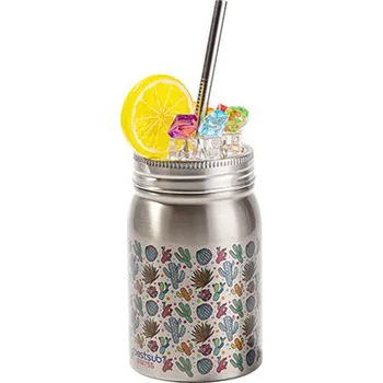 Hrnek kovový "Mason Jar" s brčkem 500 ml stříbrný a ozdobným víčkem Led a citron sublimace termotransfer