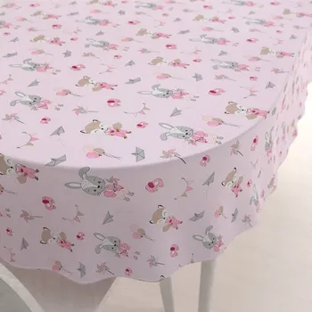 ubrus Dětský bavlněný oválný ubrus Sandra SA-466 Zajíčci a lišky s balónky na růžovém 50x100 cm