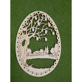 Dřevěná hračka Dřevěný výřez z překližky, VAJÍČKO S VESNIČKOU, 11,3x7,7cm, 1ks