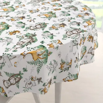 ubrus Dětský bavlněný kulatý ubrus Sandra SA-459 Lesní zvířátka na bílém Ø 40 cm