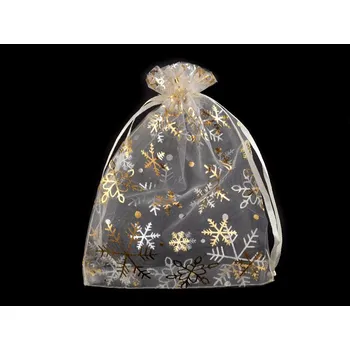 Balící papír Vánoční dárkový pytlík vločky 13x18 cm organza - krémová nejsvět. zlatá (100 ks)