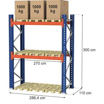 Dílenský regál Mago Paletový regál (9 palet), výška 300 cm, šířka: 286,4 cm, hloubka: 110 cm - modul základní