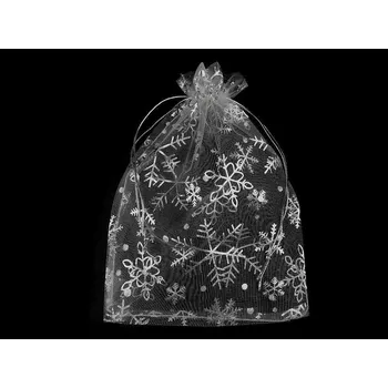 Papír Vánoční dárkový pytlík vločky 13x18 cm organza - šedá nejsvětlejší stříbrná (10 ks)