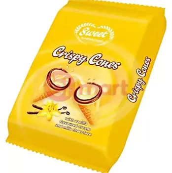 Oplatky Crispy Cones s krémovou náplní a vanilkovou příchutí 130 g (Křupavý oplatek plněný krémovou náplní s vanilkovou příchutí a mléčnou čokoládou 130 g)