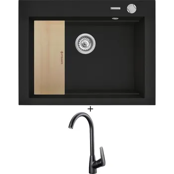 Granitový dřez Granitový dřez SET Pyramis SIROS (67x51,5) 1B černá matná + dřevěná krájecí deska + Deante NEO BORO BMO N62M černá matná