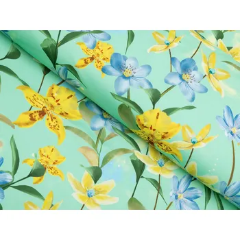 Teflonová látka na ubrusy TF-082 Žluto-modré lilie na mintovém - šířka 155 cm