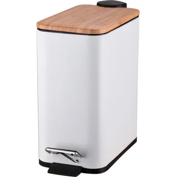 Odpadkový koš Odpadkový koš s pedálem RADO 5L – bílý – kovový se dřevěným víkem – BISK 01-08424