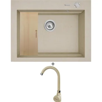 Granitový dřez Granitový dřez SET Pyramis SIROS (67x51,5) 1B béžová + dřevěná krájecí deska + Pyramis BELLO béžová