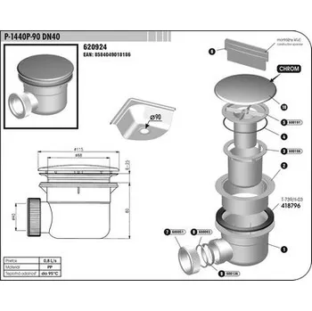 Sifon Sam holding Sifon P-1440P-90 DN40 vaničkový chrom 620924