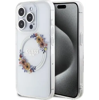 Pouzdro na mobilní telefon Guess PC/TPU Flowers Ring Glossy Logo MagSafe Zadní Kryt pro iPhone 15 Pro Max Transparent Guess PC/TPU Flowers Ring Glossy - prémiový kryt, který přináší dokonalou ochranu pro váš telefon a zároveň