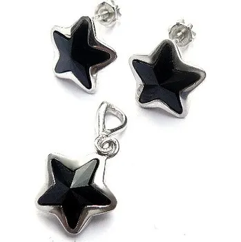 Náušnice Stříbrná souprava hvězda Swarovski krystal black - NŠ,P1325 (Stříbrné náušnice a přívěsek se Swarovski krystalem)