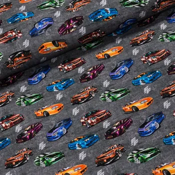 Bavlněný dětský úplet auta/šedý 1,5/0,5 m