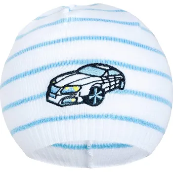 Kojenecká čepice Jarní čepička New Baby s autíčkem bílo-modrá, vel. 86/92