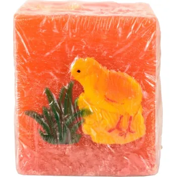 Svíčka Svíčka hranol tmavě oranžová s kuřátkem 7x6x6 cm (136054 CAN svíčka tm.oranž.kuřátko hranol 220g)