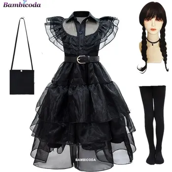 Karnevalový kostým Dětské šaty (kostým) Wednesday Addams řasená sukně (C1) Varianta: šaty + paruka + kabelka + podkolenky, Velikost: 160 (11-12 let)