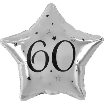 Fóliový balónek Číslo 60 stříbrná hvězda, černý potisk, 19"