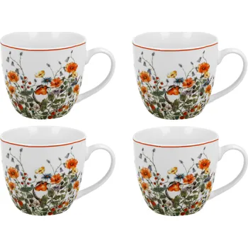 DUO Gifts DG - Porcelánová sada hrníčků WILD BIRD, Ptáček v lučním kvítí - 4*460 ml