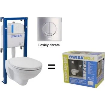 Klozet Wisa - Fix Set All In One Chrome - splachovací nádržka, lesklý chrom tlačítko, závěsná wc mísa, izolace a sedátko