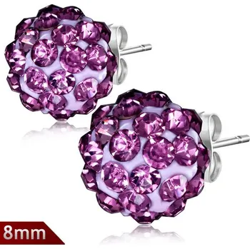 Náušnice 8mm – Světle růžová kulička s fialovými kamínky