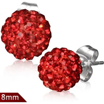 Náušnice 8mm – Rudá kulička s kamínky