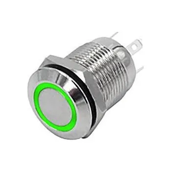 Tlačítko OFF-(ON) 12mm, 250V/2A, zelené prosvětlení 12V